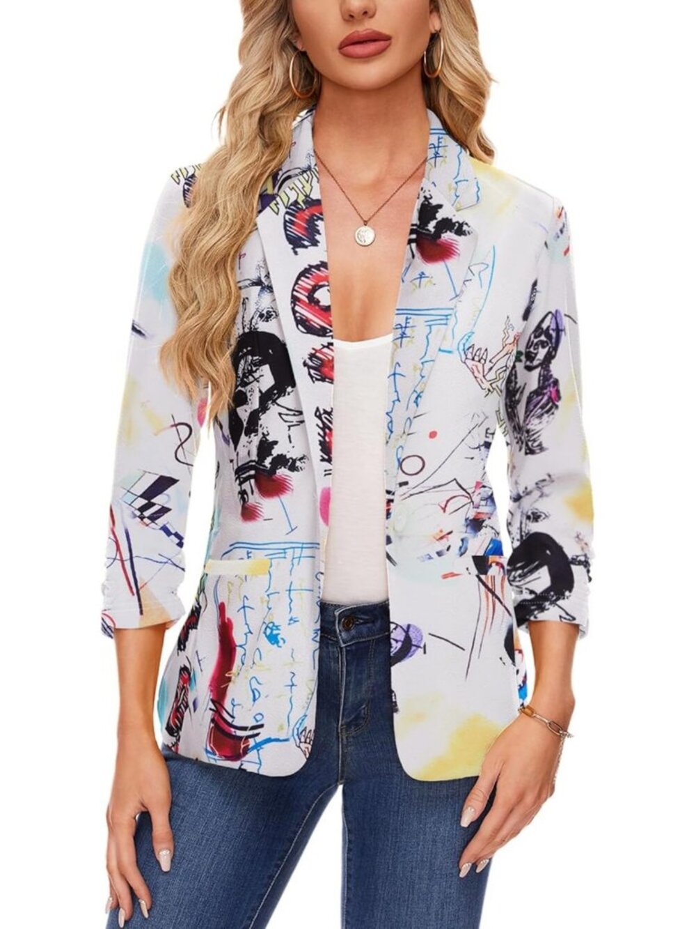 Chic Women's Casual Blazer with 3/4 Ruched Sleeves & Open Front - Versatile